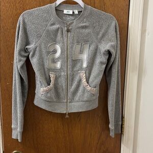 Jennifer Lopez Gray Varsity Jacket with Metallic Details